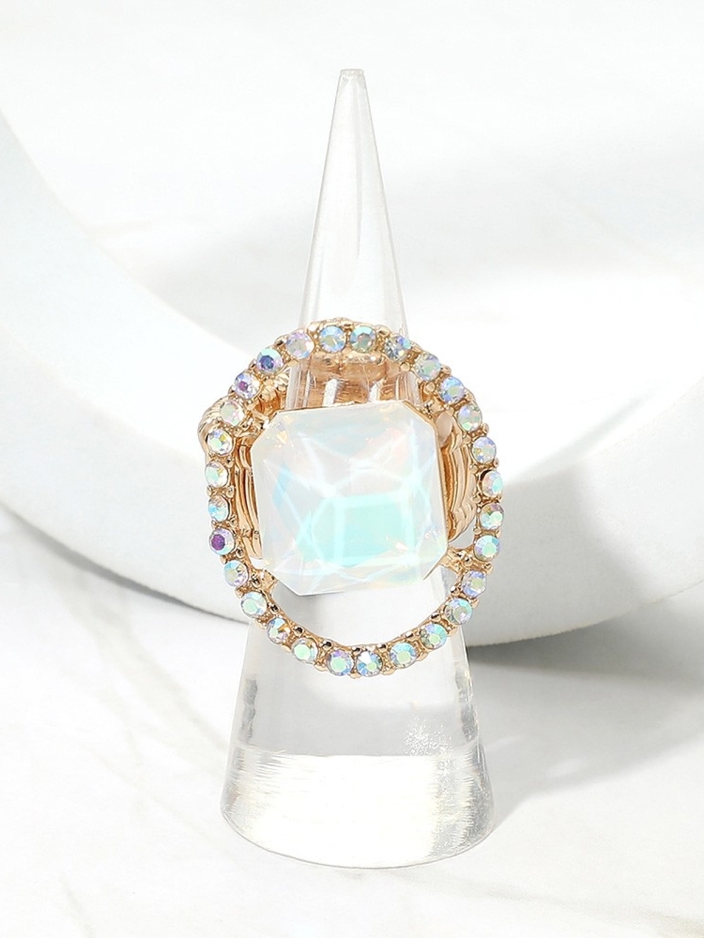 White Crystal Square Stone Rhinestone Rim Stretch Ring Finger Statement Jewelry